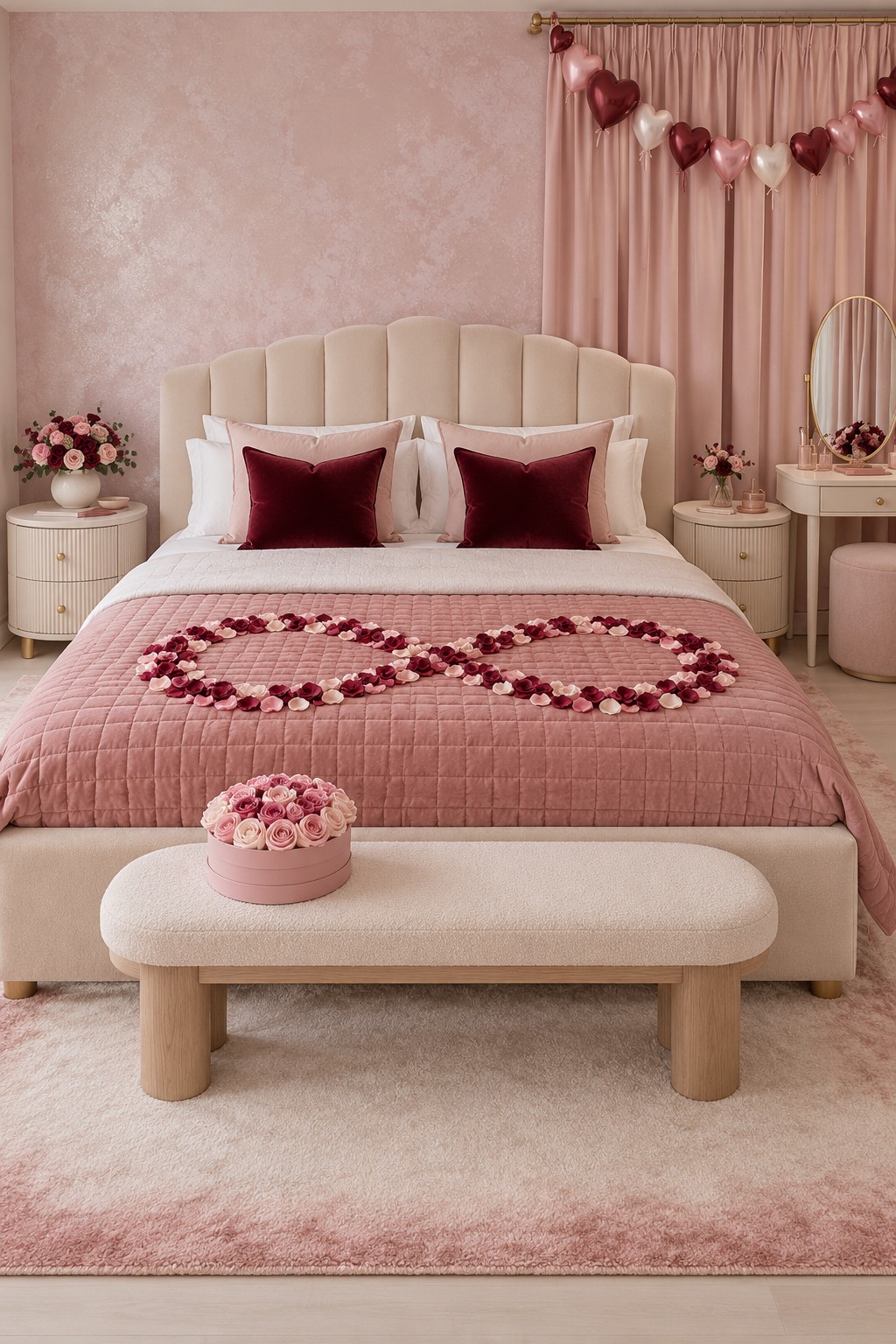 Cream and pink bedroom with an infinity shaped petal arrangement, a heart balloon garland, and a rounded bench