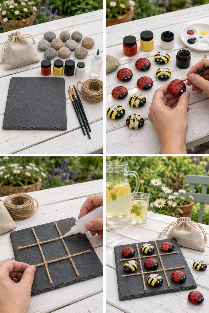 Five red ladybug stones and five yellow bee stones beside a slate board with a twine tic tac toe grid