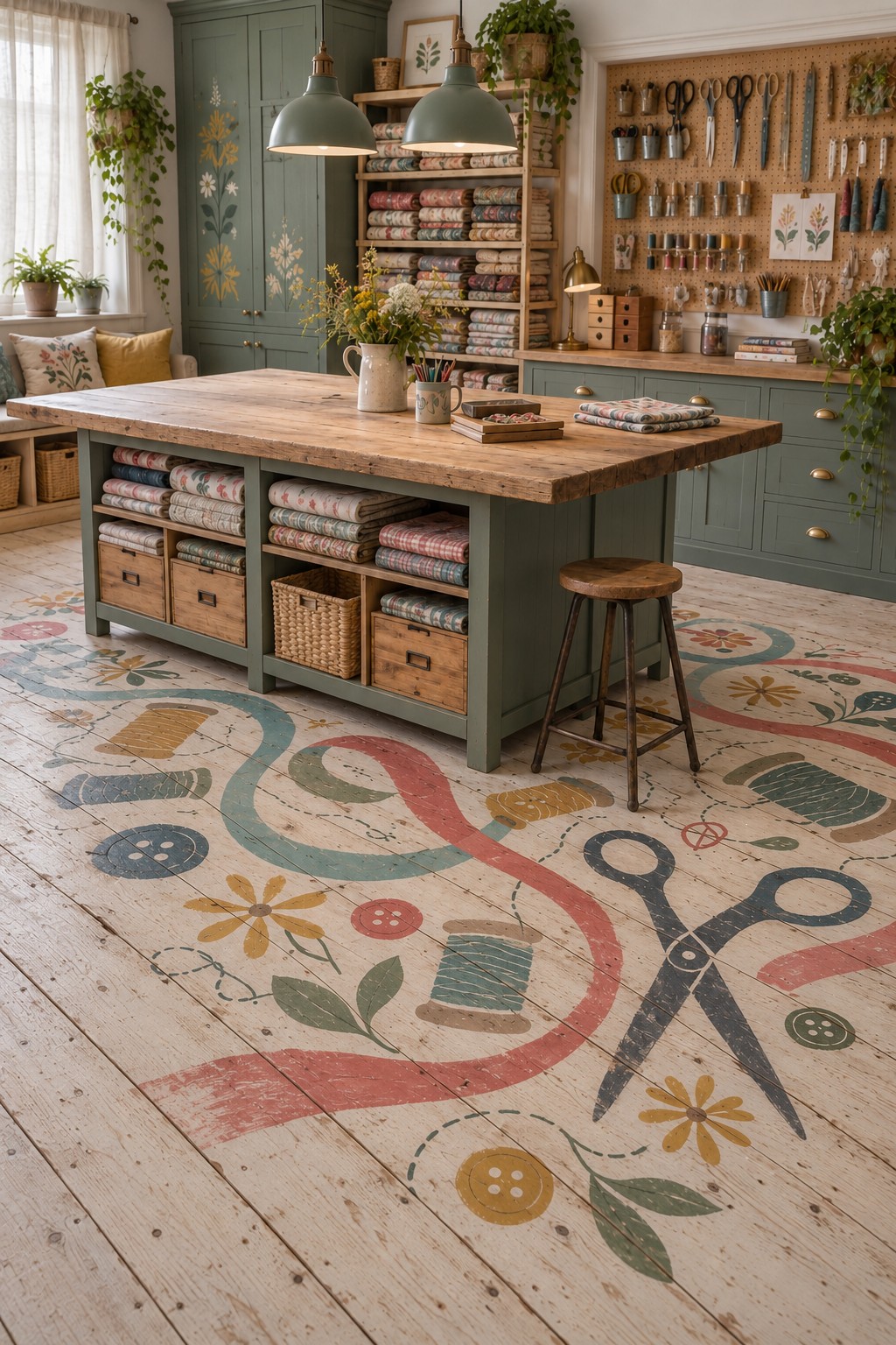 Craft room floor with oversized painted scissors, thread spools, buttons, flowers, and curling ribbons