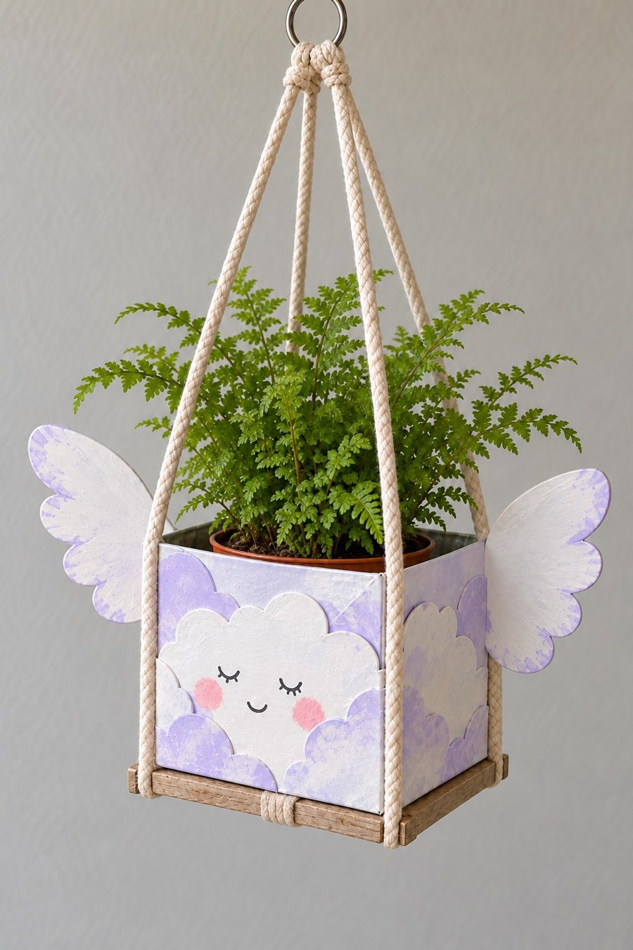 Lavender cloud face carton planter with rear wings and rope supported wooden base