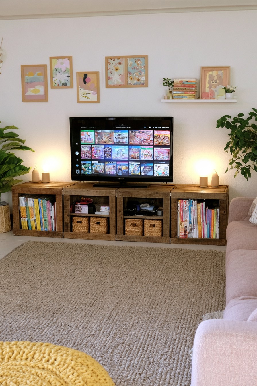 Television resting on a low wooden crate media console with books, baskets and equipment compartments
