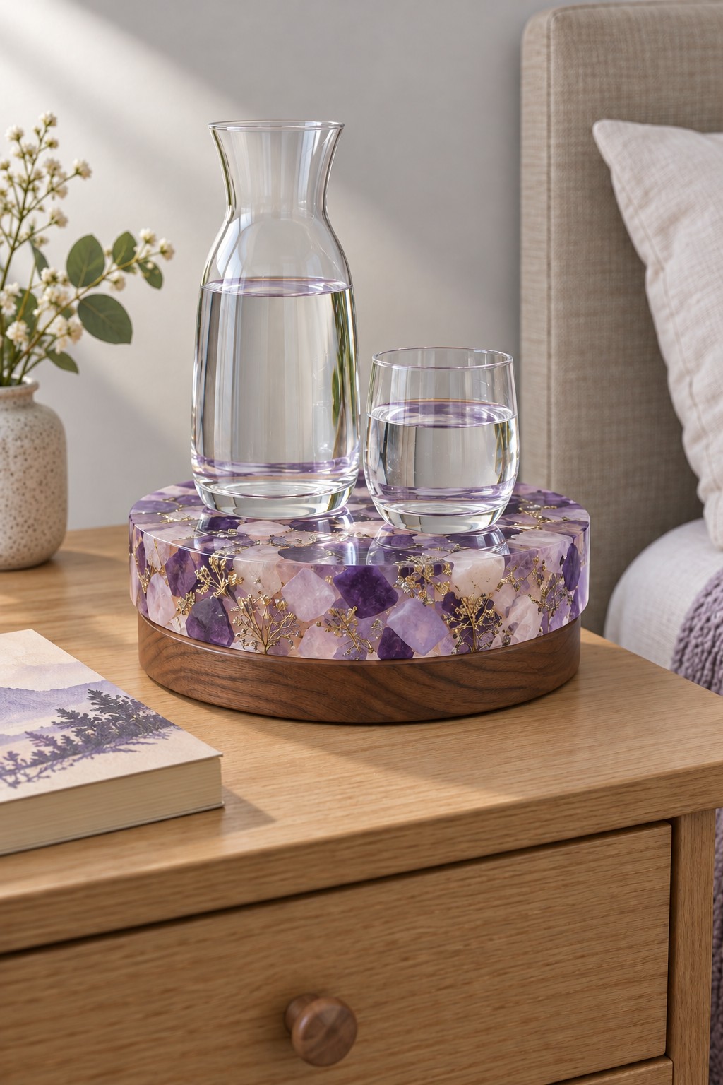 A low round purple floral resin platform with a wooden base supporting a glass water carafe and a drinking glass.