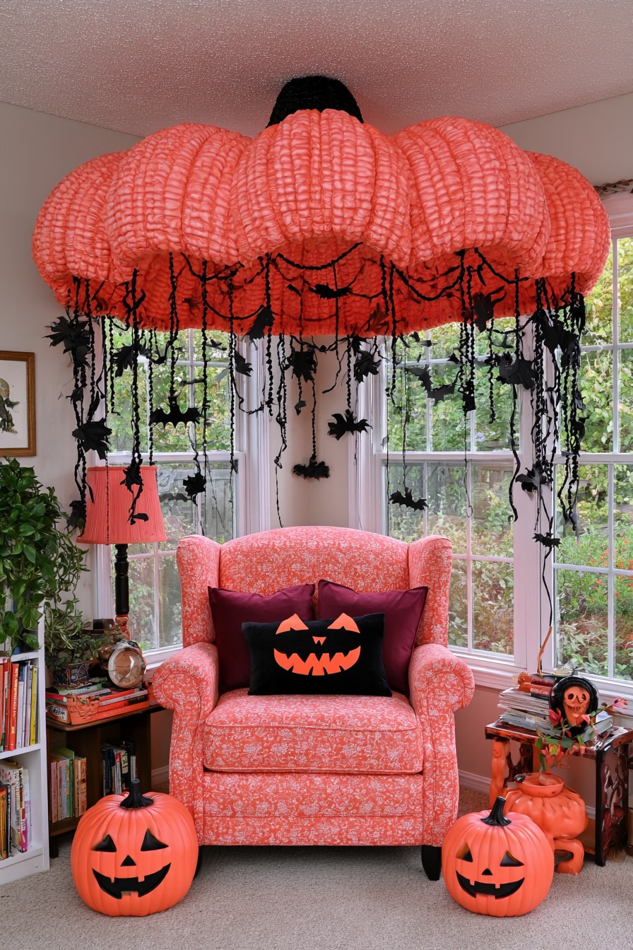 Coral armchair beneath a pumpkin-shaped canopy with dangling black bats