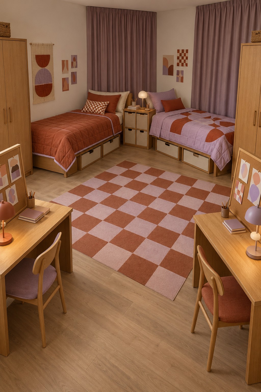 Two beds with terracotta and lilac bedding, a peach checkerboard rug, wooden desks, and mauve curtains