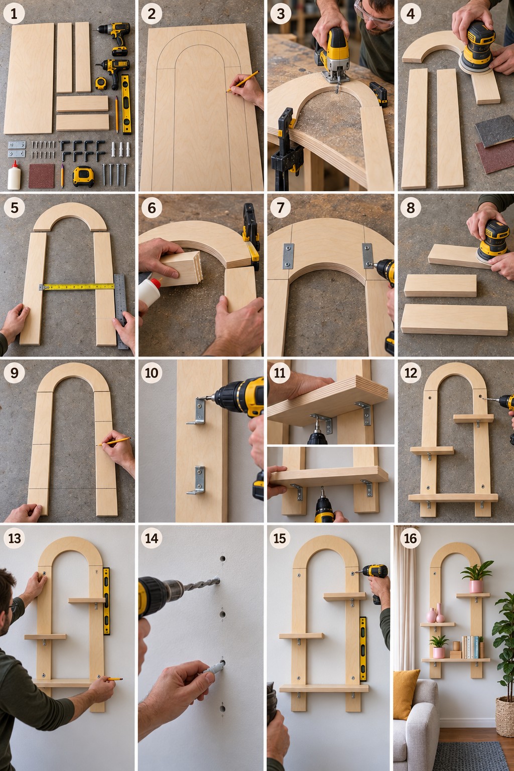 Sixteen panel sequence showing a curved wood shelf frame assembled with joint plates, shelf brackets, and wall fixings