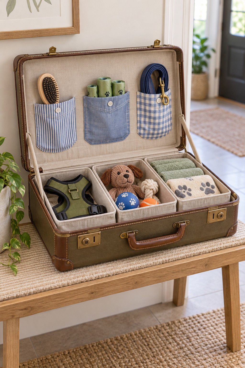 Open brown suitcase fitted with fabric lid pockets and divided lower compartments for pet brushes leads toys and folded cloths
