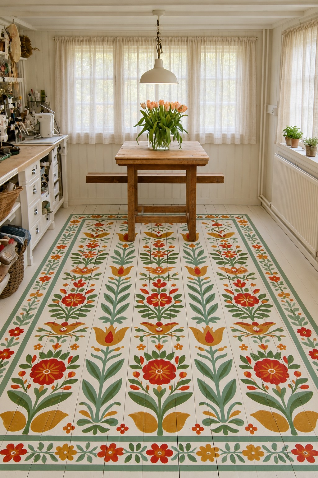 Cream kitchen floor with repeating red and mustard flowers, green stems, and a narrow floral border