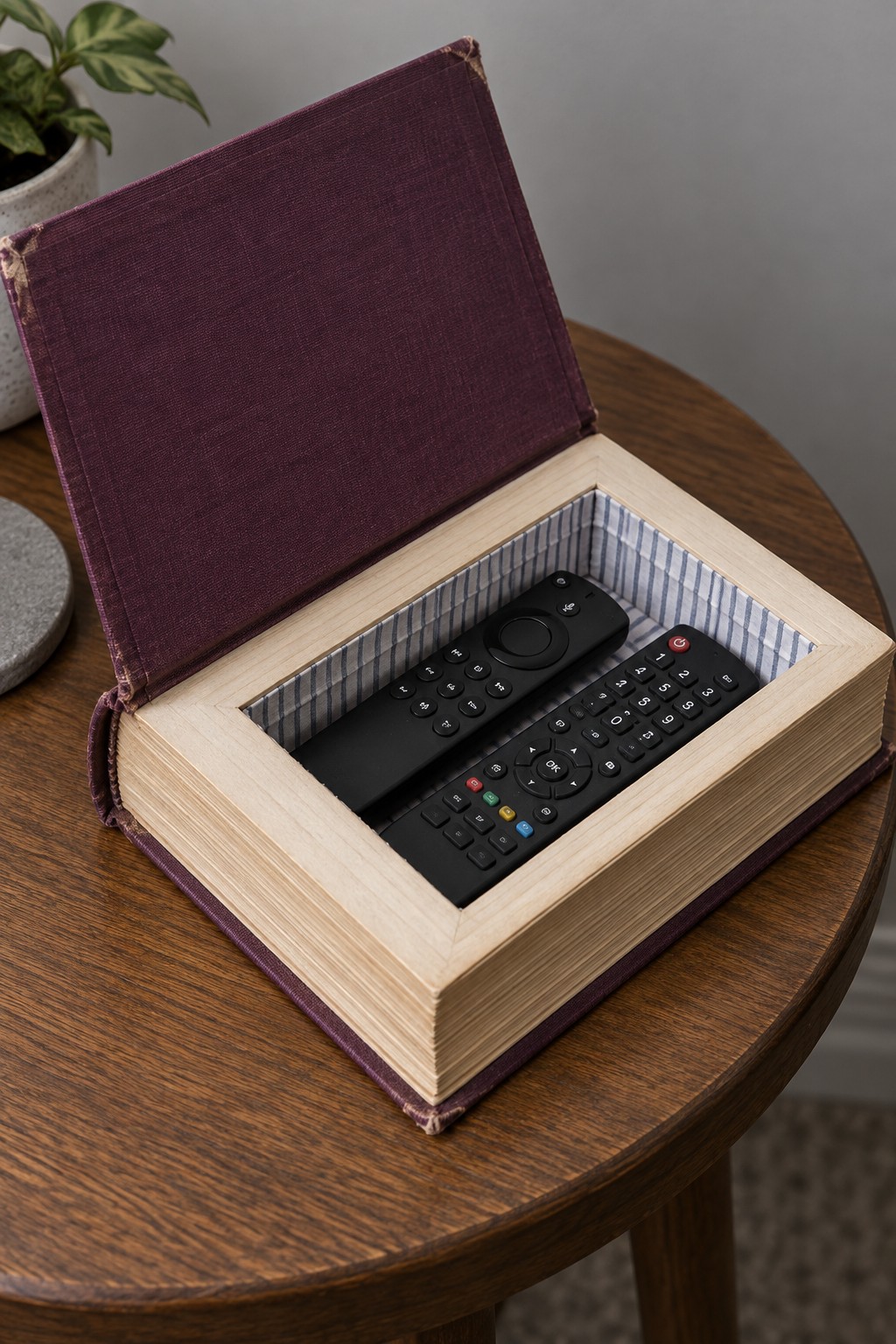 Burgundy hardcover book shaped storage box open on a side table with two remote controls inside a fabric lined cavity