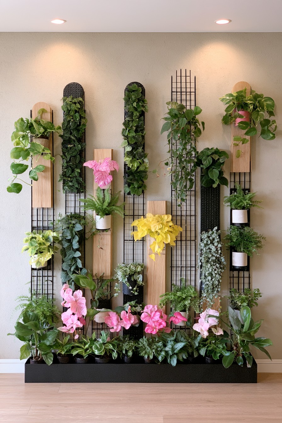 Alternating timber and black grid panels with individual pots above a long dark planter of foliage and pink flowers