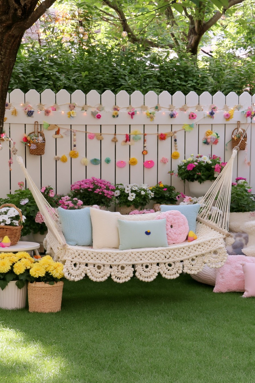 Pastel bohemian garden retreat with a macramé hammock