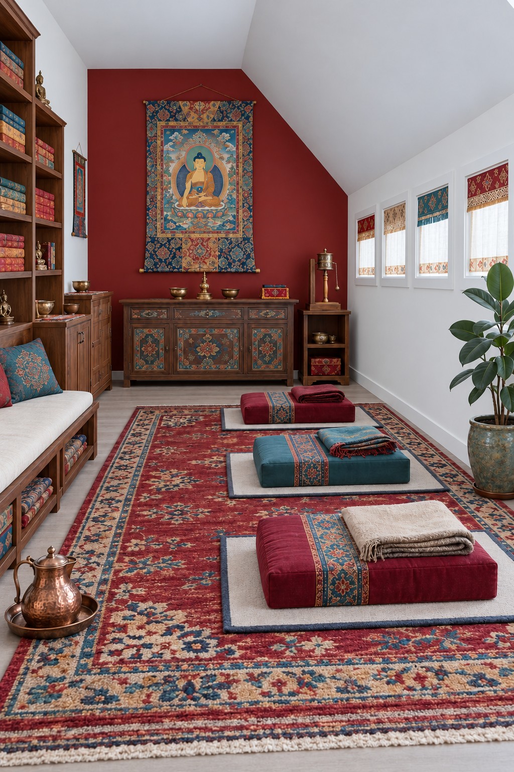 Deep red attic wall with a Buddhist devotional hanging above a painted cabinet and burgundy and teal cushions
