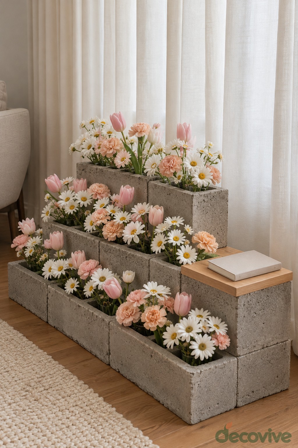 Stepped concrete block flower display with a small wooden side shelf