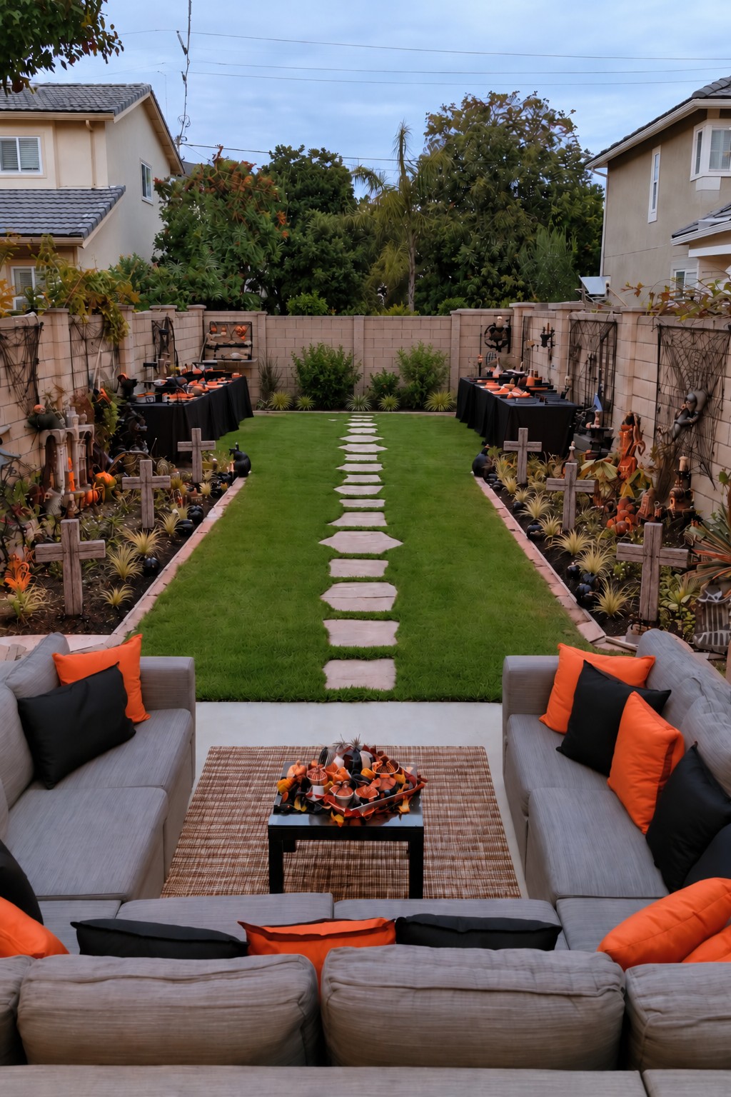 Gray outdoor lounge with orange and black cushions beside a lawn path and wooden grave markers
