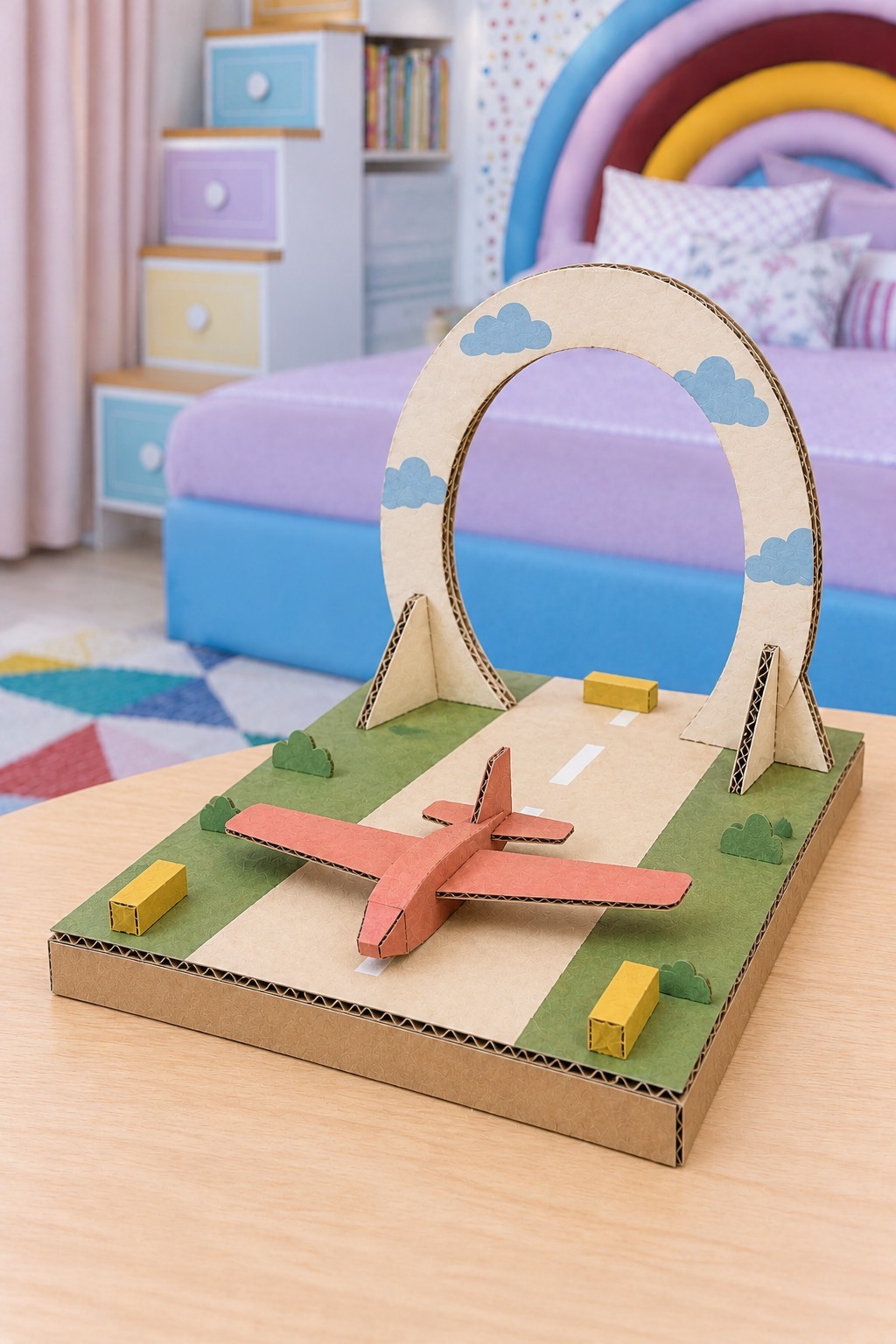 Cardboard airplane on a runway leading to a large cream hoop decorated with blue clouds