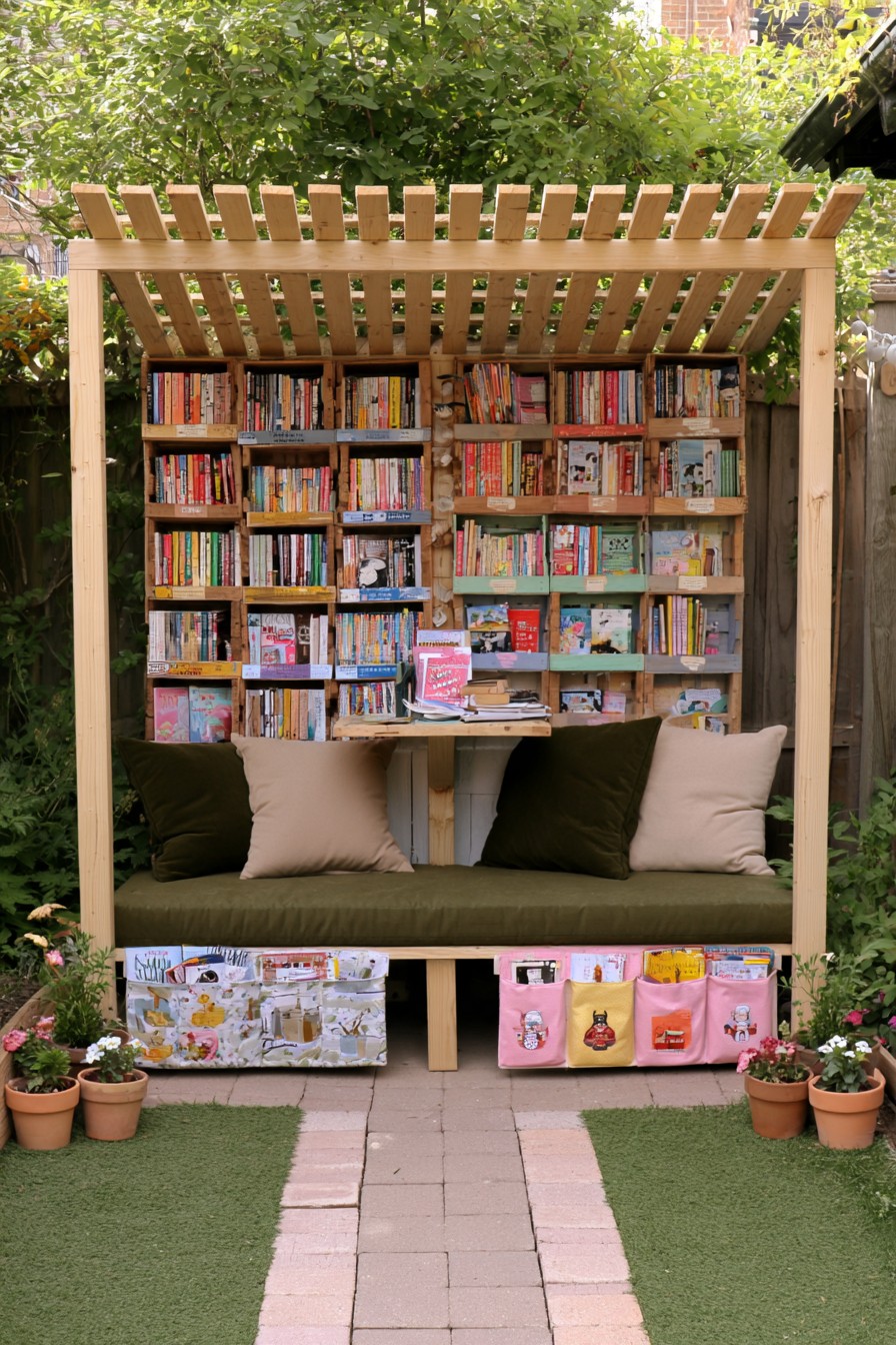 Open slatted reading corner with crate-style bookshelves and an olive bench cushion