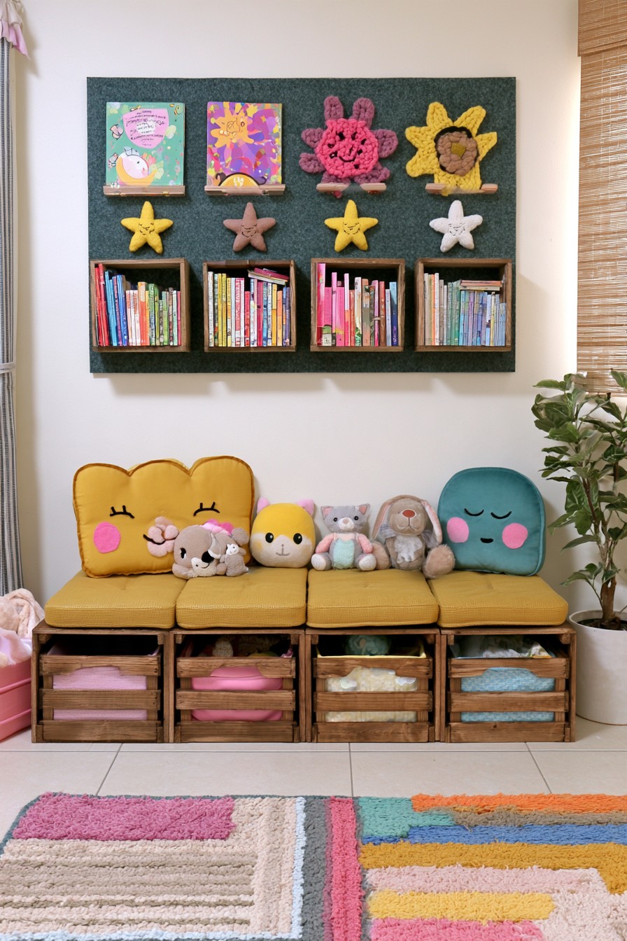Children's reading area with low crate storage and colorful cushions