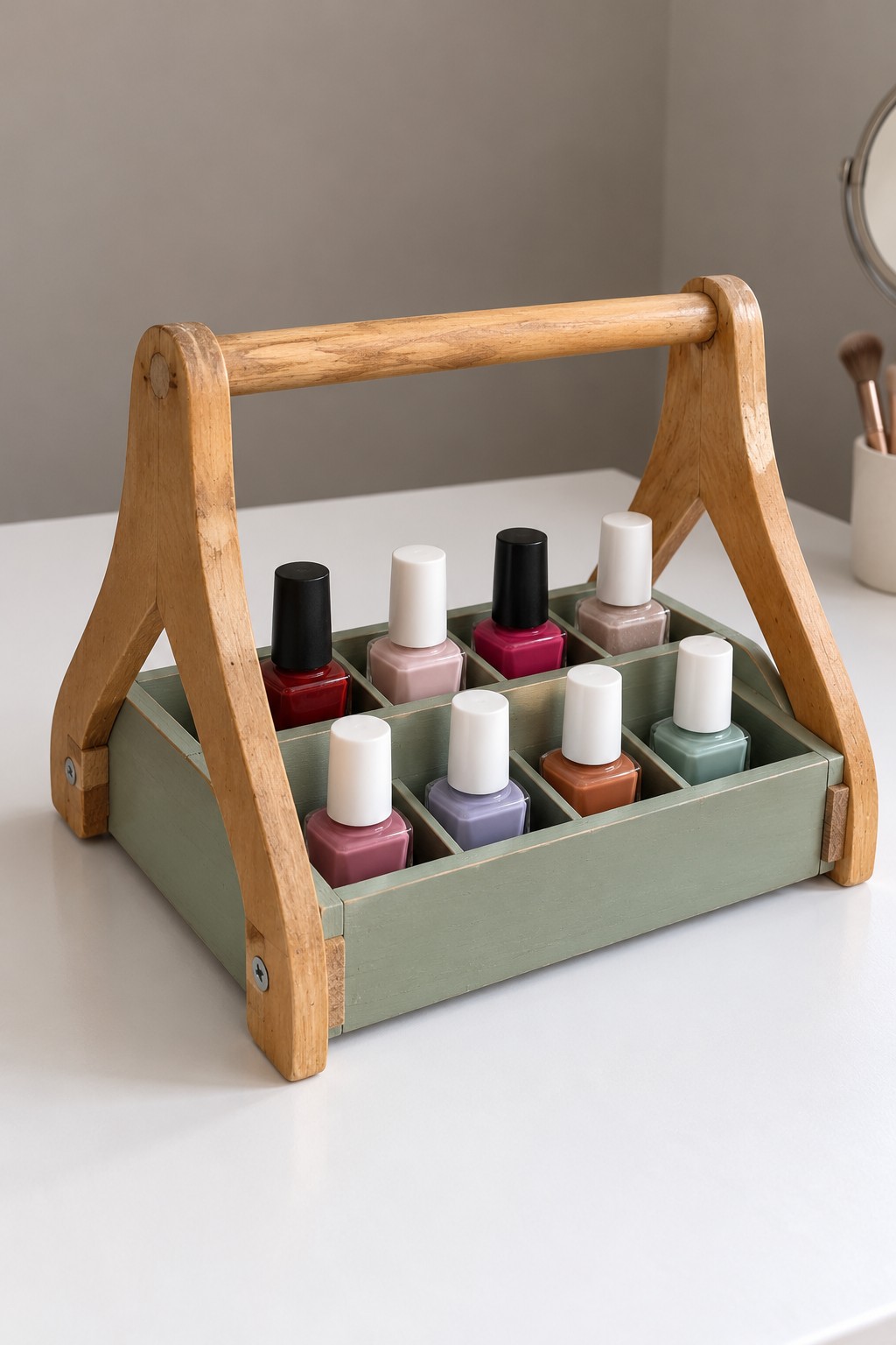 Sage green divided nail polish caddy with curved wooden side supports and a horizontal dowel handle