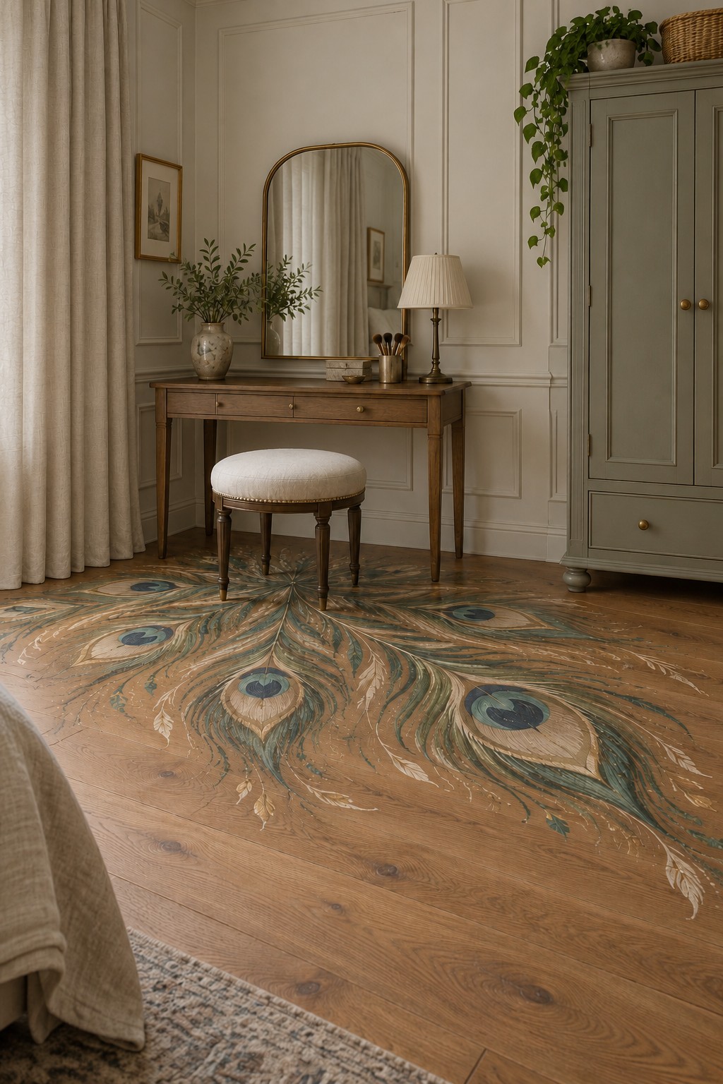 Sweeping teal, blue, olive, and gold peacock feather shapes painted across wood in front of a vanity