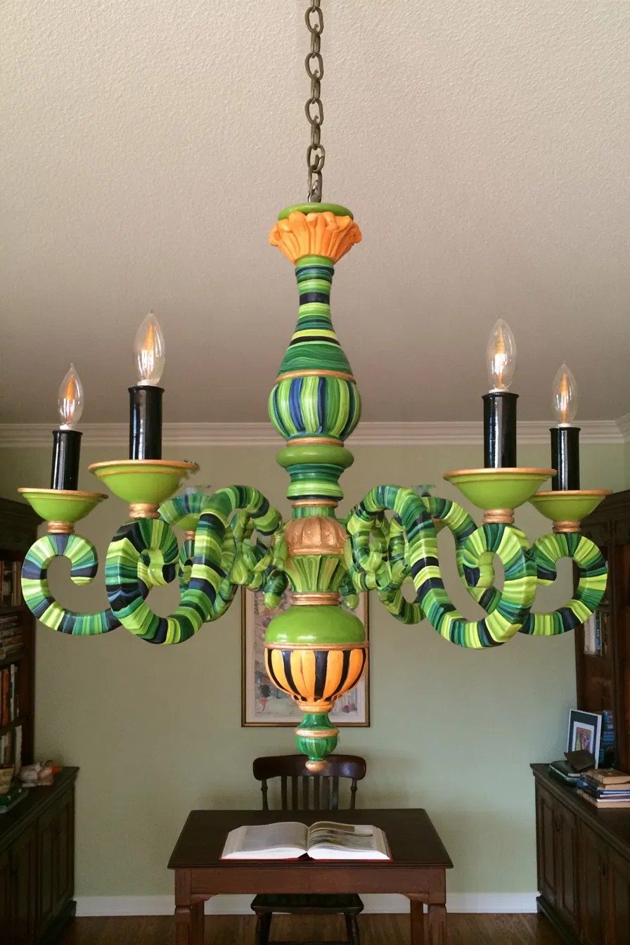 Old chandelier painted with green, navy and yellow stripes and orange accents above a reading table