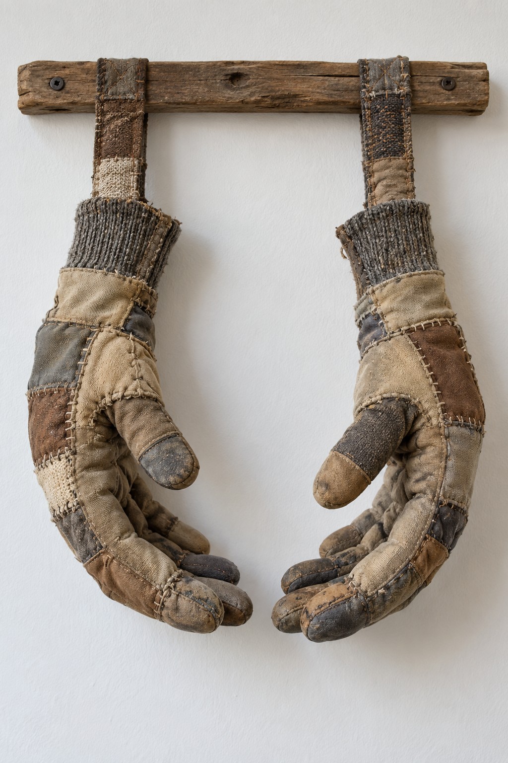 Pair of patched fabric gloves shaped into cupped hands and suspended from straps on a wooden rail