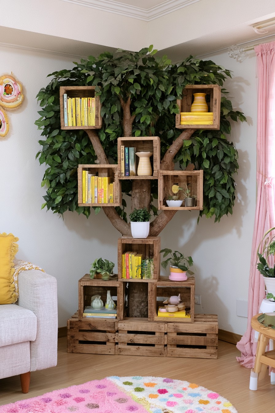 Crate compartments arranged around a trunk and branch form with dense foliage behind them