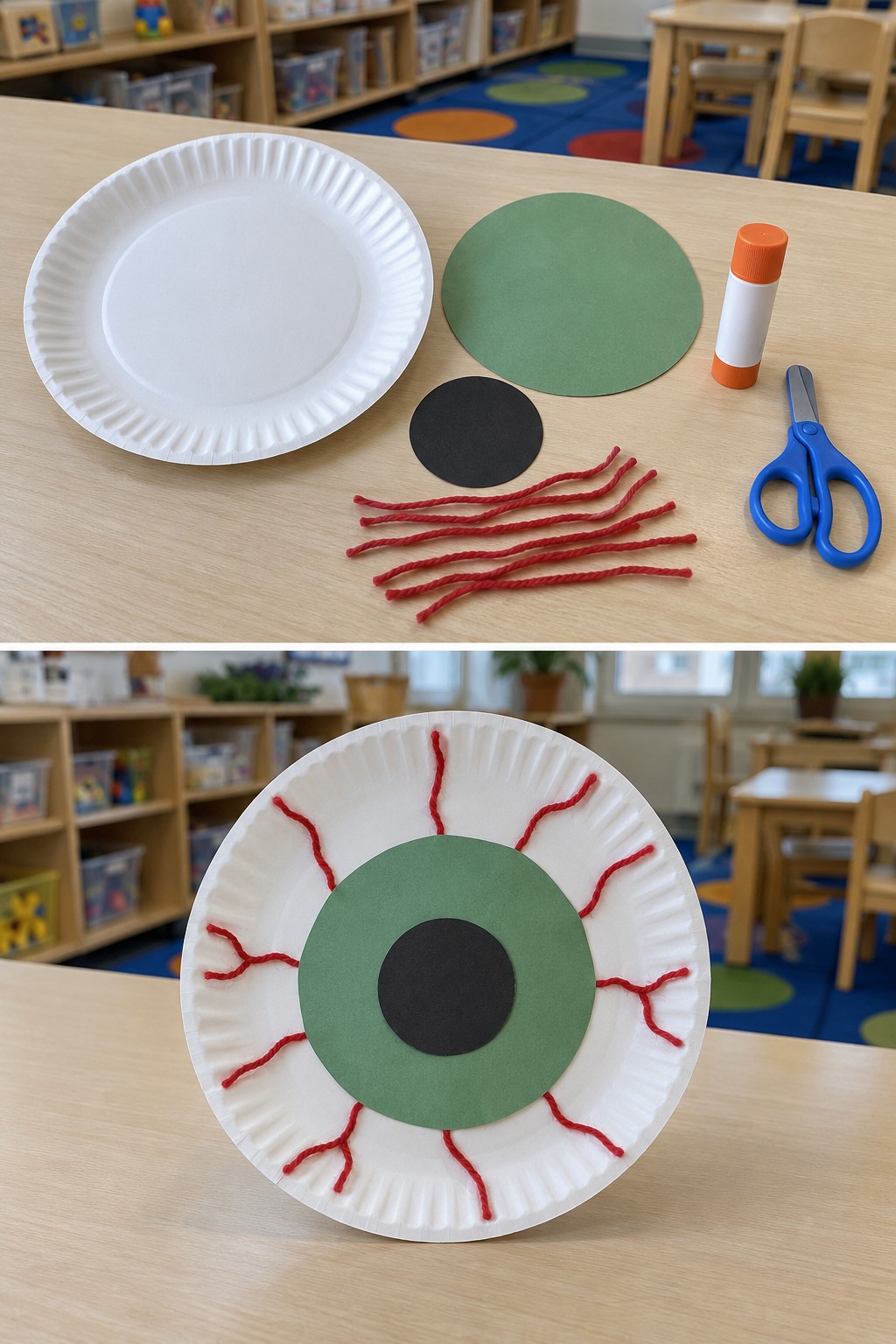 Paper plate, circles and red yarn above a green-eyed Halloween eyeball plate