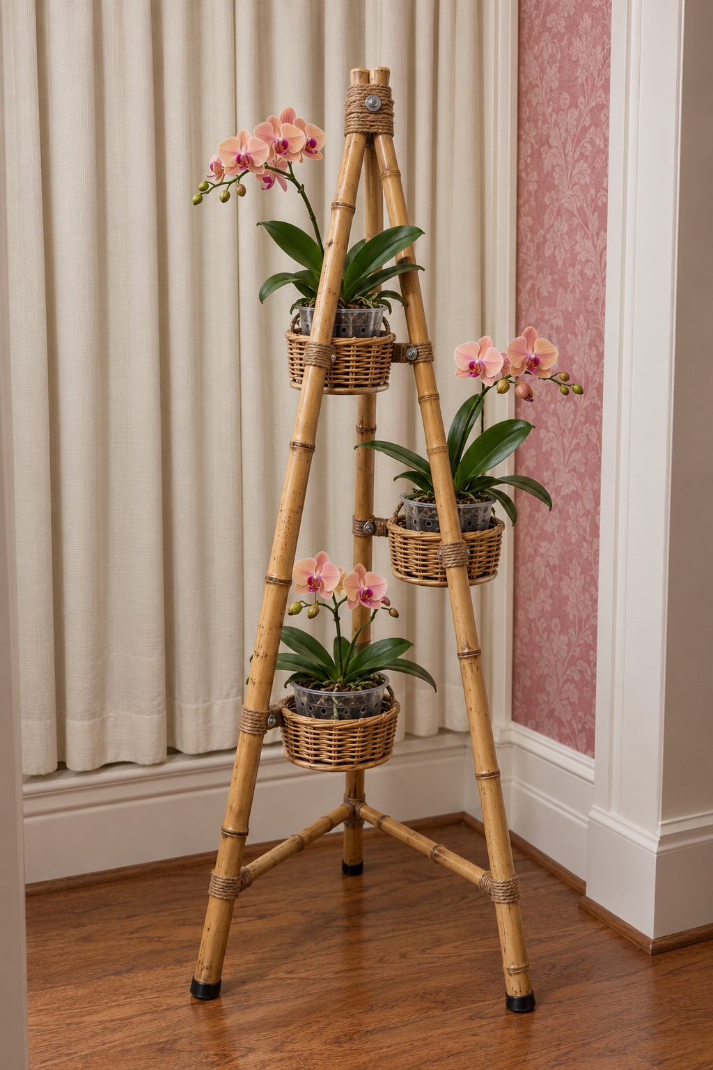 Bamboo tripod supporting three woven baskets filled with peach pink orchids