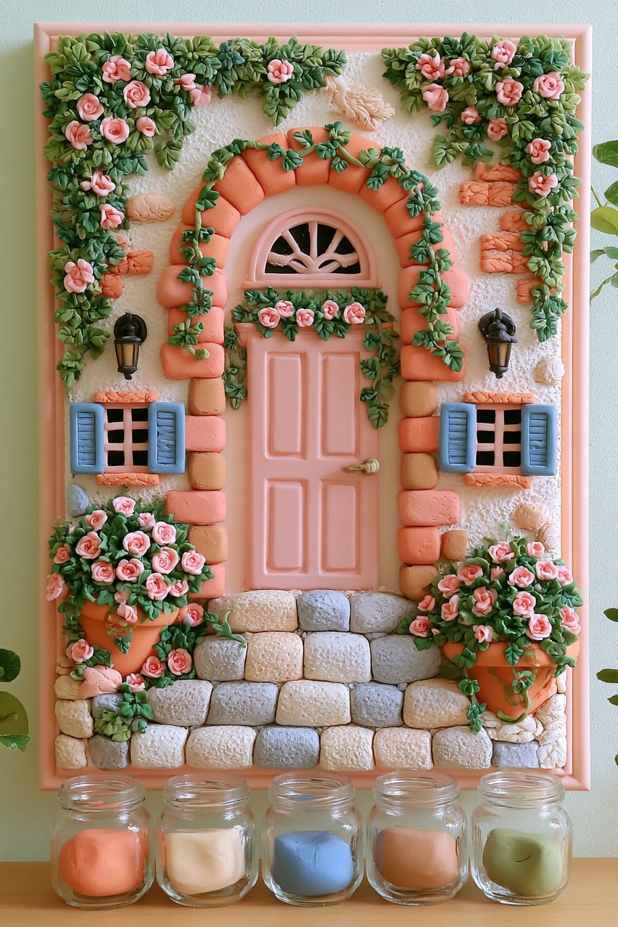 Miniature pink cottage door with blue shutters, stone steps, and climbing roses in a frame