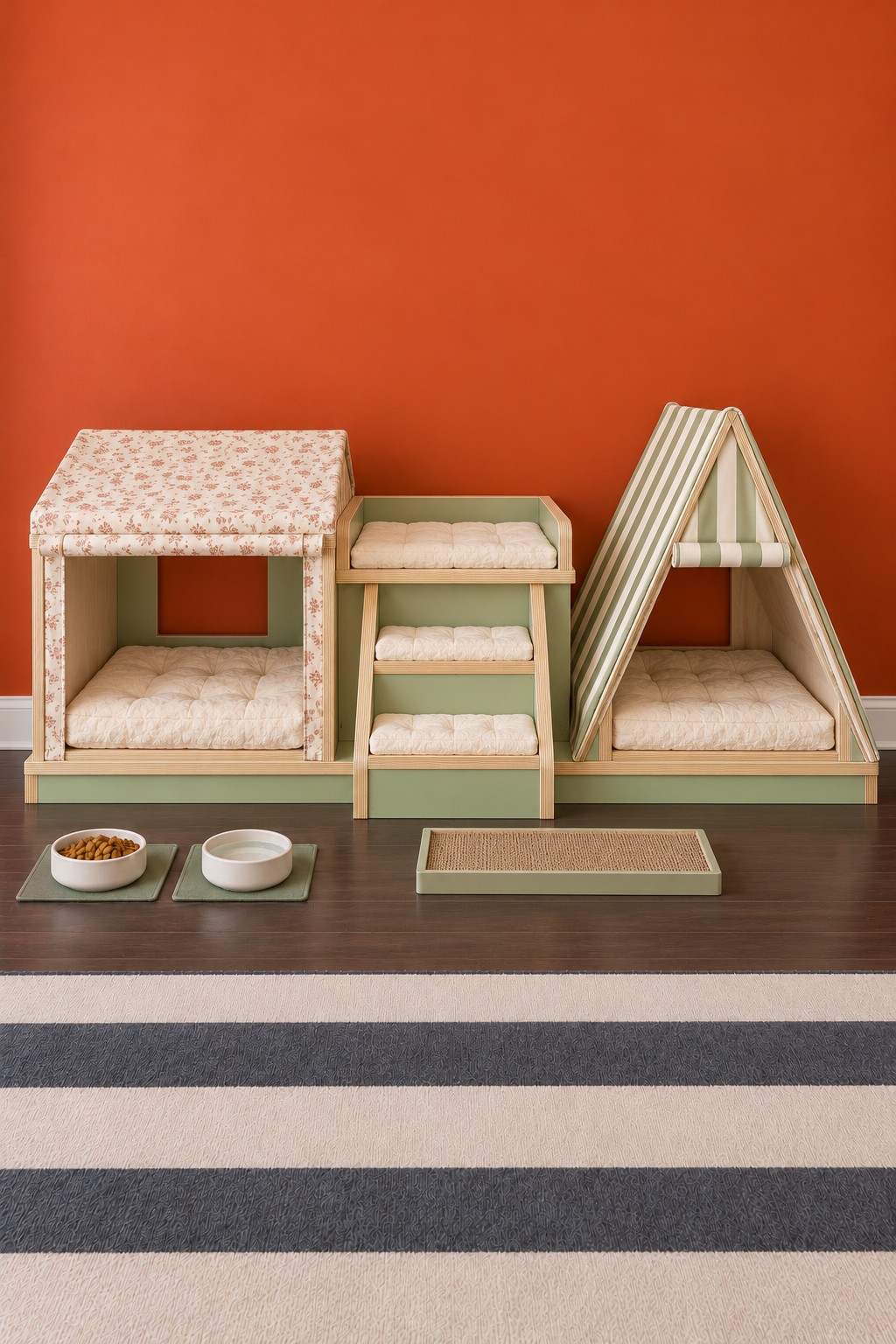 Low floral canopy cat bed and green striped tent linked by a small padded staircase
