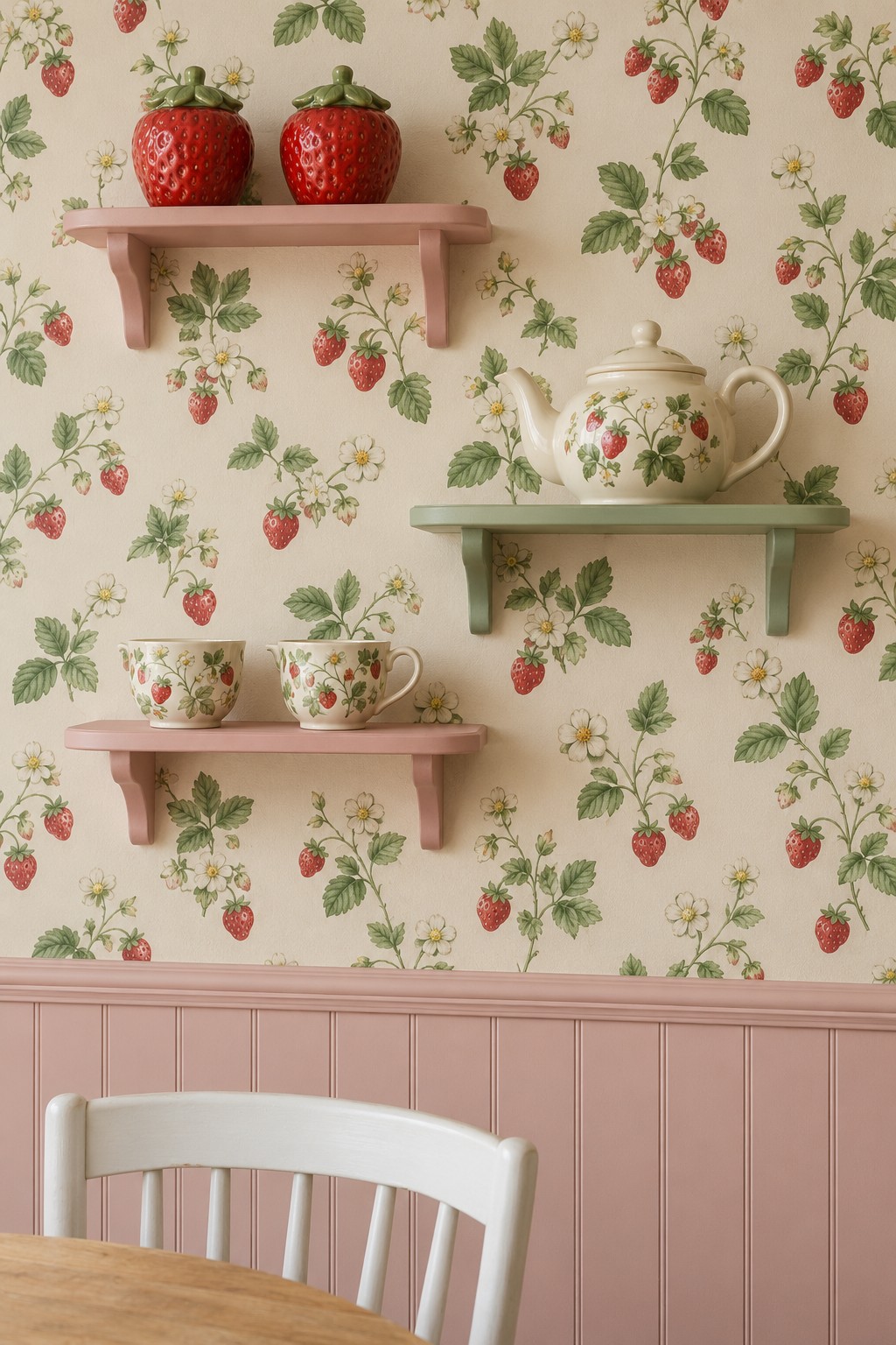 Strawberry patterned wall with pink and sage shelves displaying strawberry jars, a floral teapot, and cups