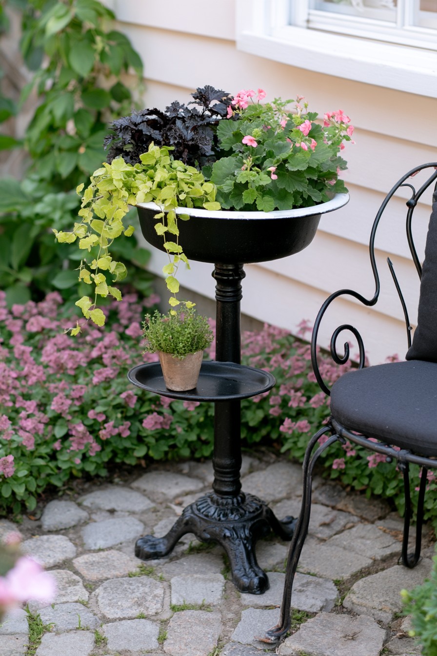 Repurposed metal washstand filled with Gothic garden plants