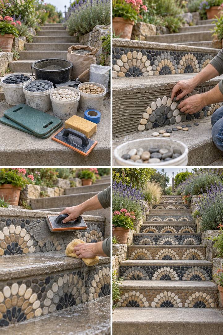 Concrete garden stair risers decorated with repeating fan patterns in pale, charcoal, and brown pebbles