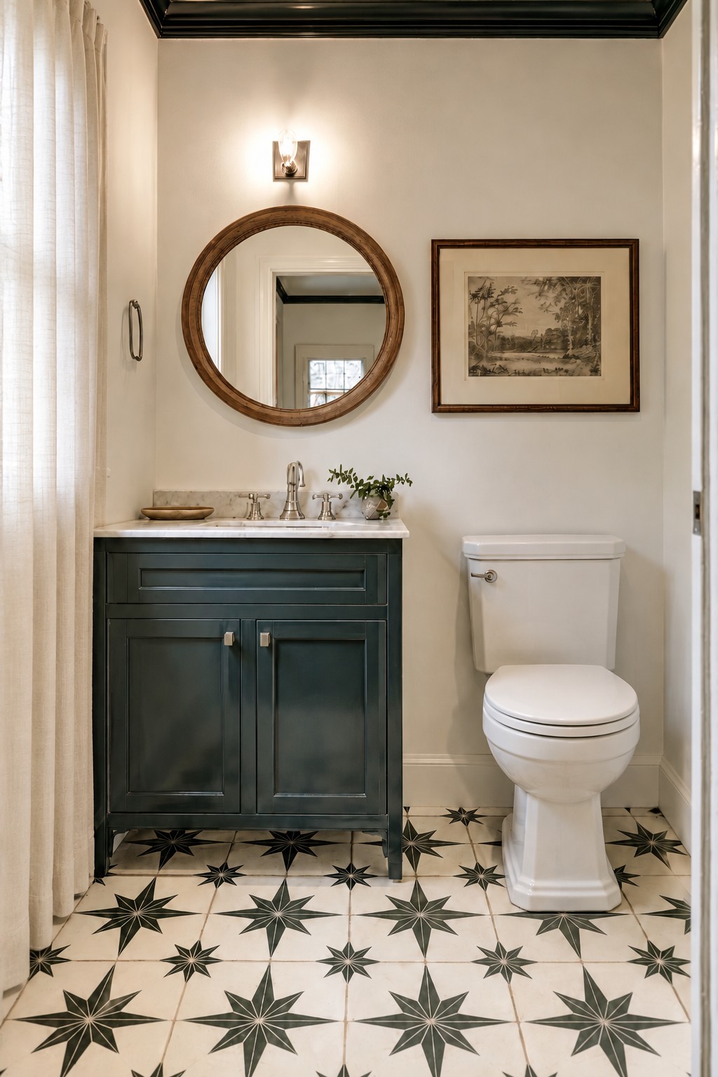 Cream powder room floor covered with repeating dark green and charcoal starburst motifs