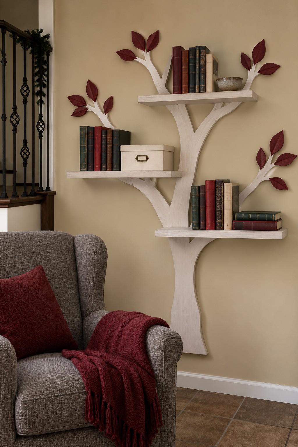 White branching wall decoration with burgundy leaves and three book shelves beside a gray reading chair