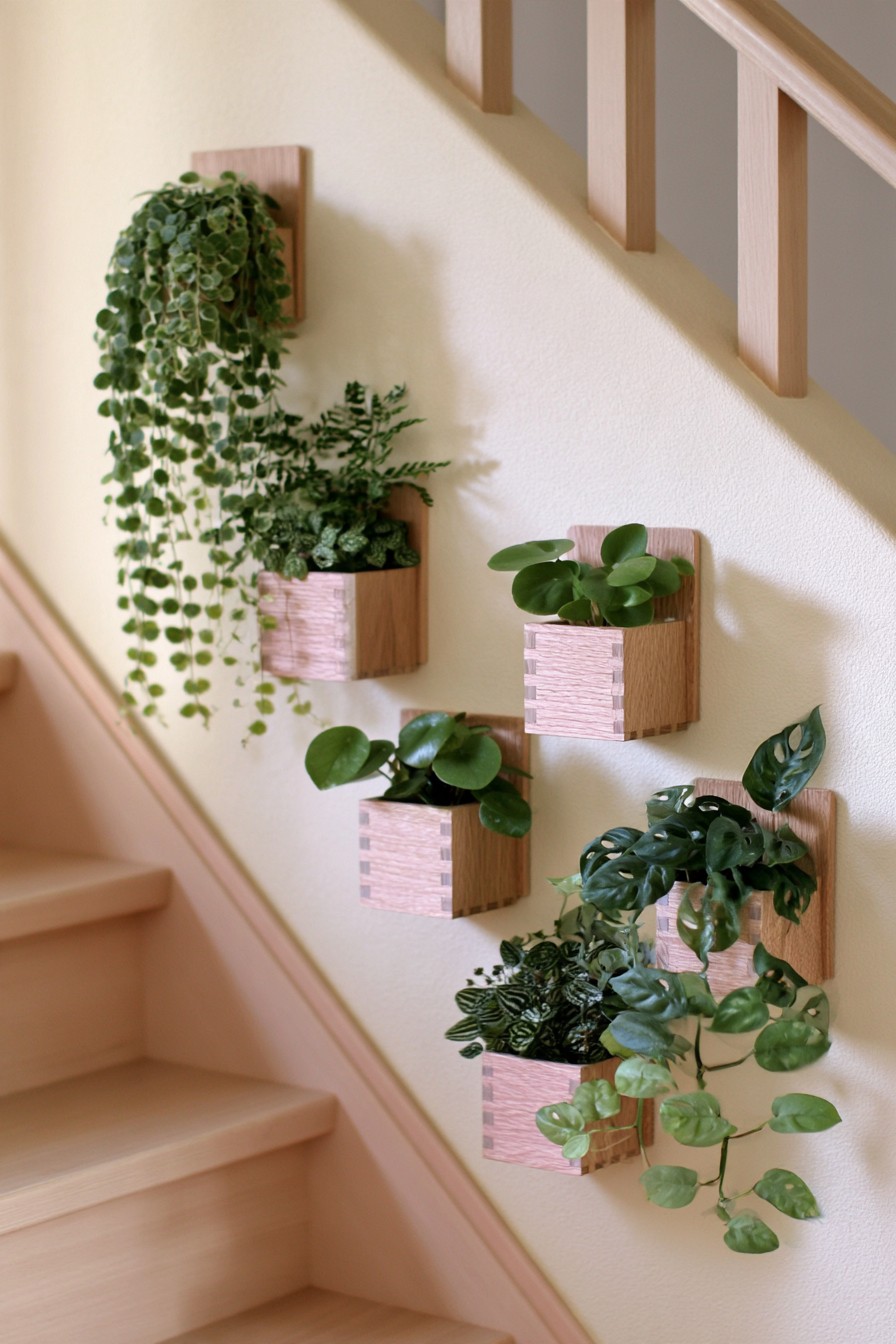Small timber wall pockets with pale pink fronts, round leaves, and cascading greenery beside a staircase