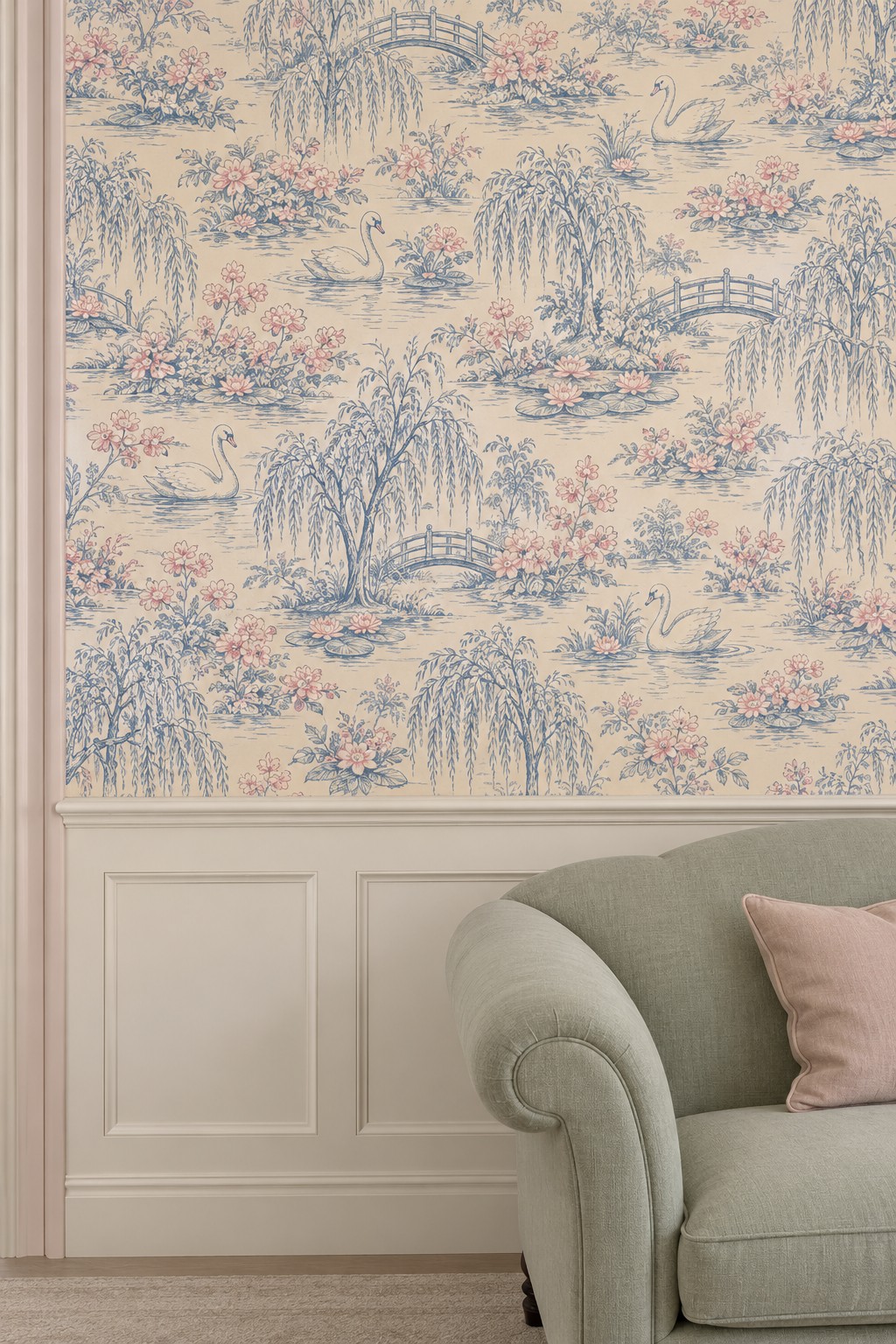 Cream toile wallpaper with blue swan ponds, bridges, willow trees, and pink flowers above cream wall panels