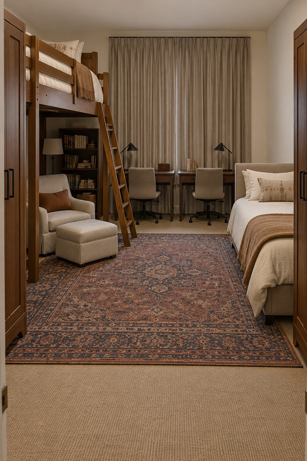 A dark wooden loft above a reading chair and bookshelf, a separate low bed, and a patterned rug