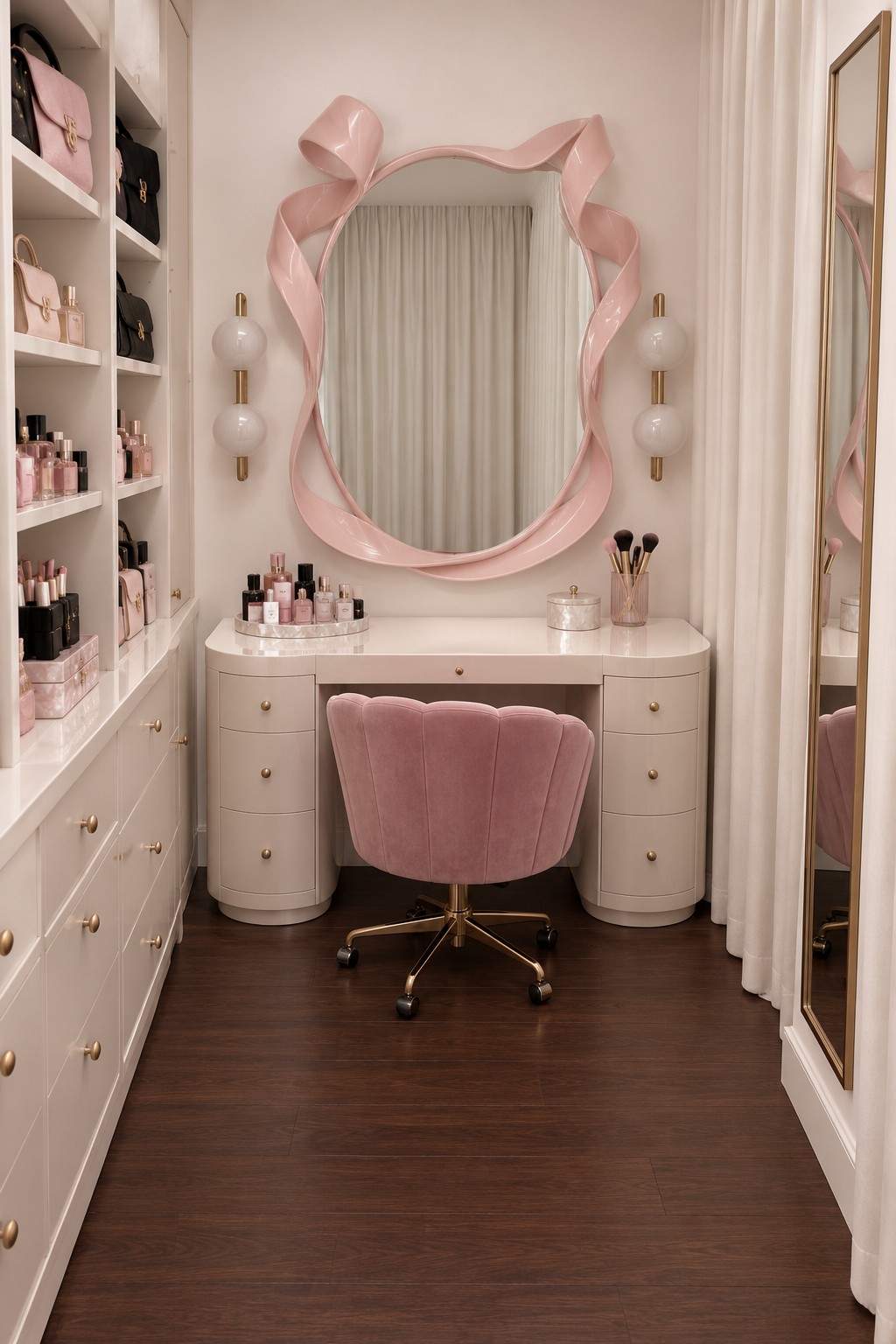 Ivory dressing table with a sculptural pink ribbon mirror, blush swivel chair, and open cosmetics shelves