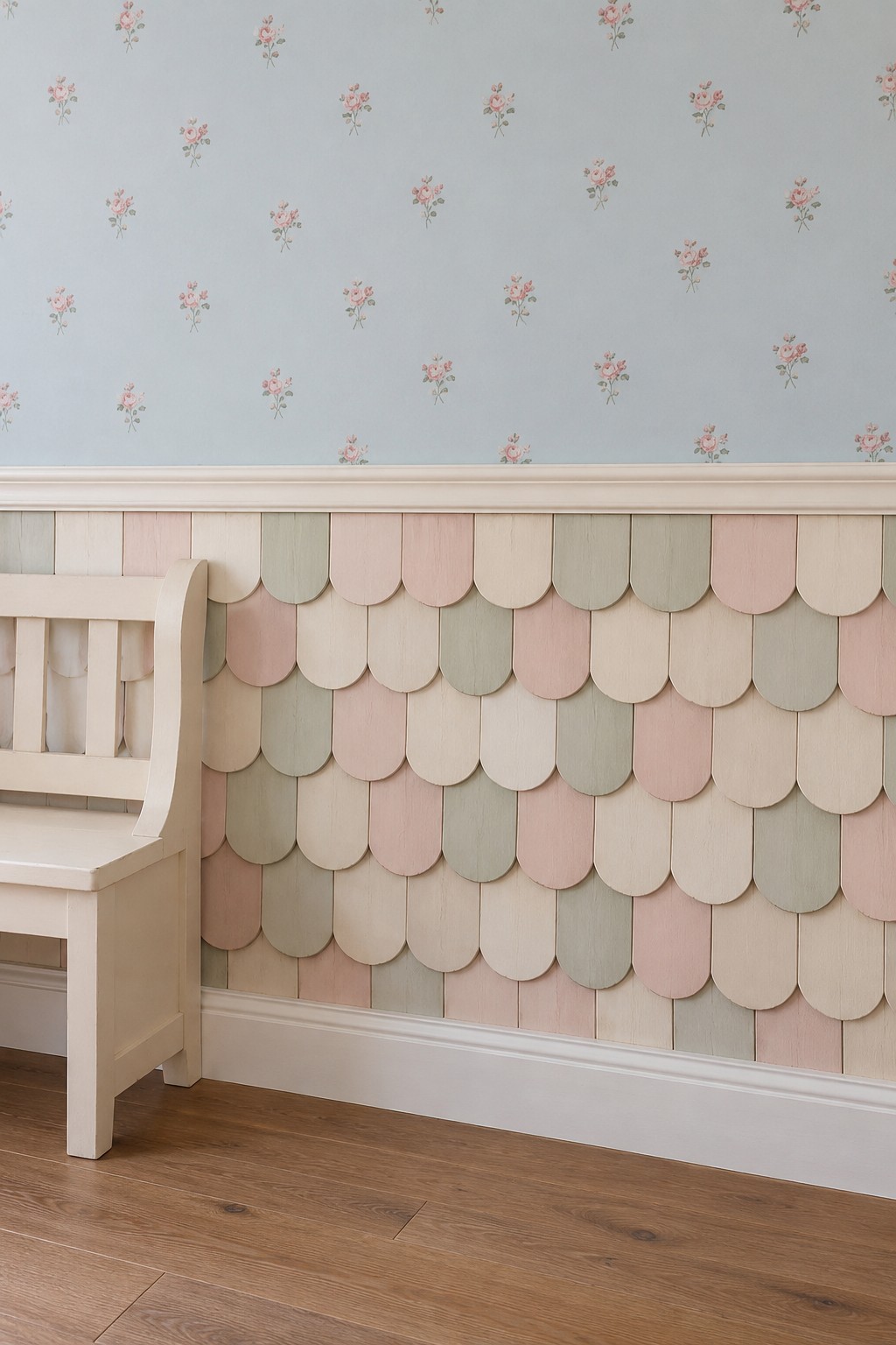 Overlapping pastel scalloped wall panels beneath blue rose sprig wallpaper beside a cream wooden bench
