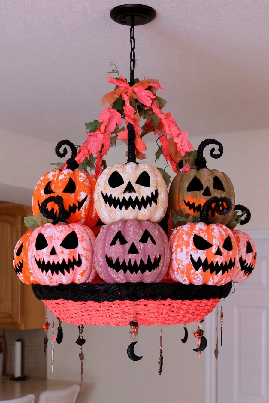 Two rows of distressed pumpkins in a suspended basket with hanging moon charms