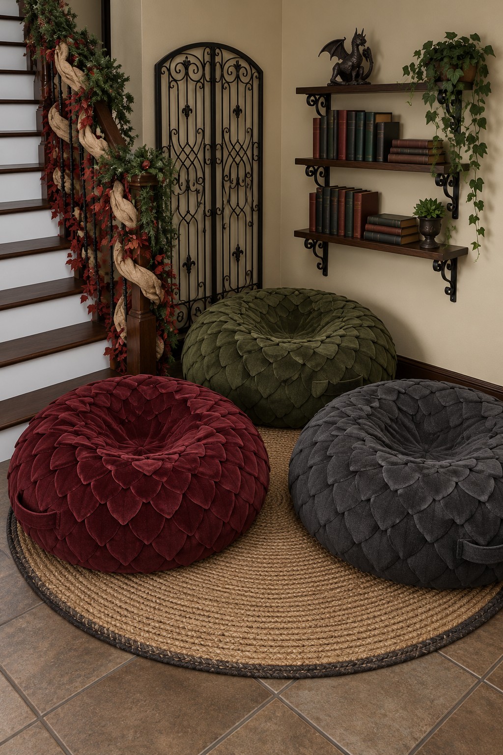 Three round floor seats with overlapping scale textures in burgundy, olive, and charcoal on a circular woven rug