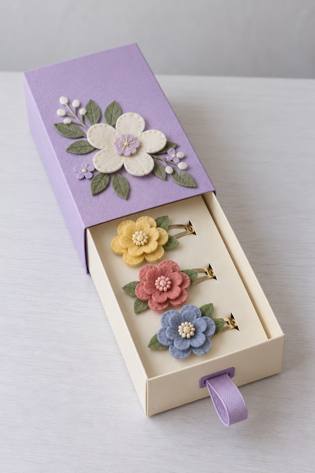 Three pastel felt flower hair clips in a cream drawer box with a lavender floral sleeve