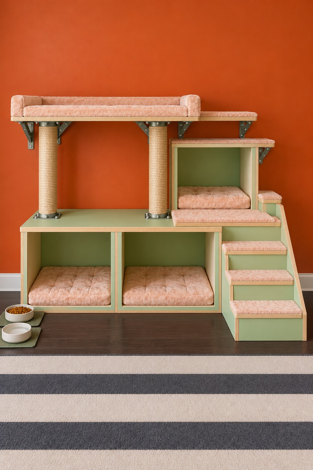 Sage cat furniture with pink cushions, two lower dens, raised cubby, upper lounge, and right stairs