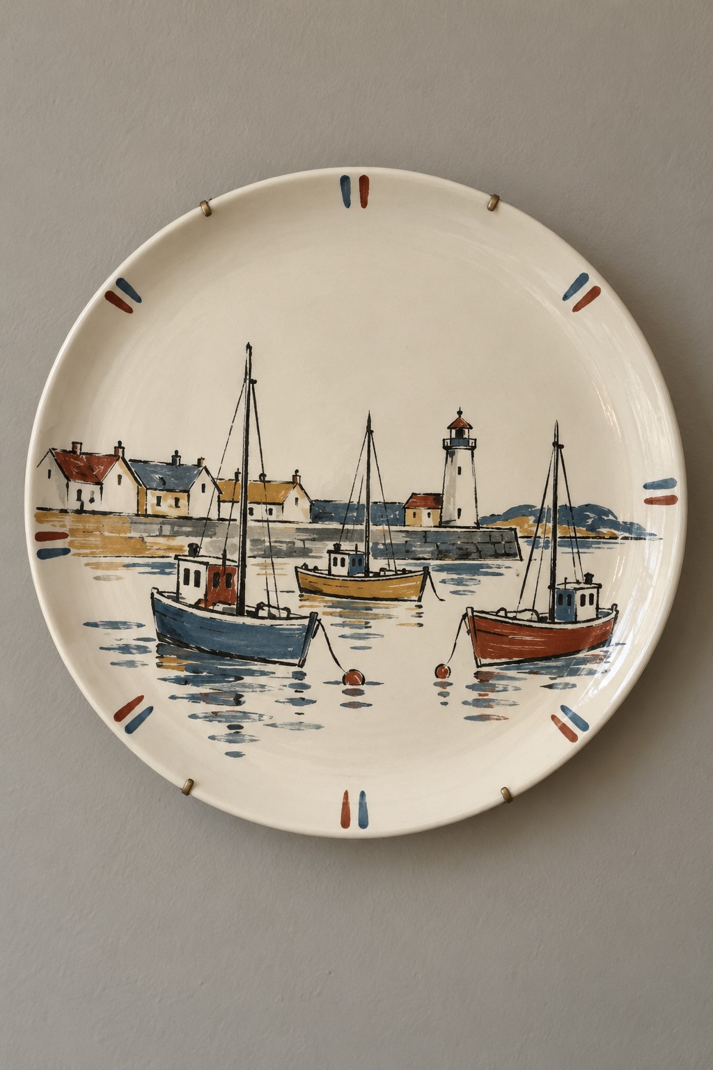 Cream wall plate painted with small boats, harbor buildings and fine mast lines