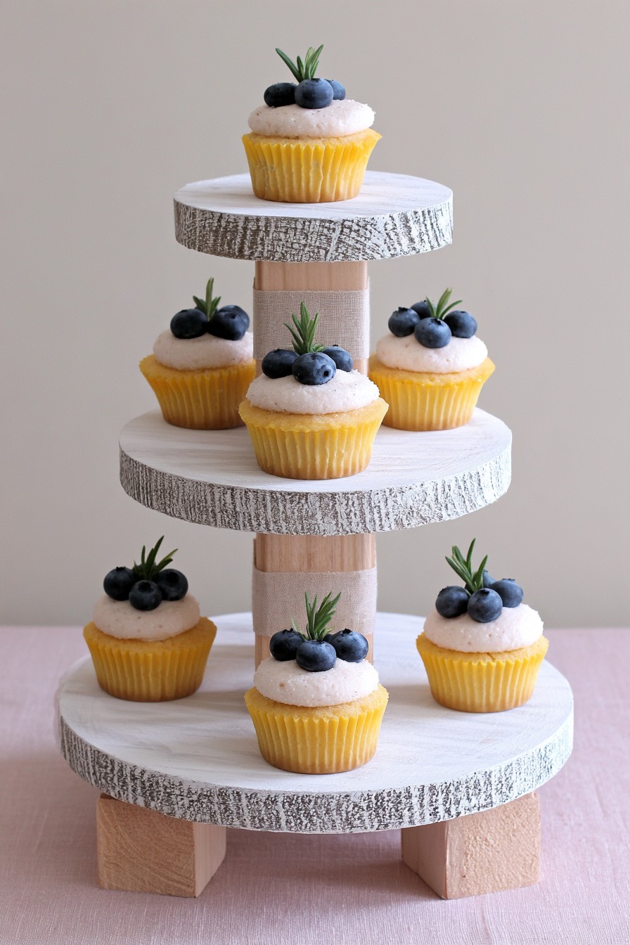 Whitewashed farmhouse cupcake stand on a dessert table