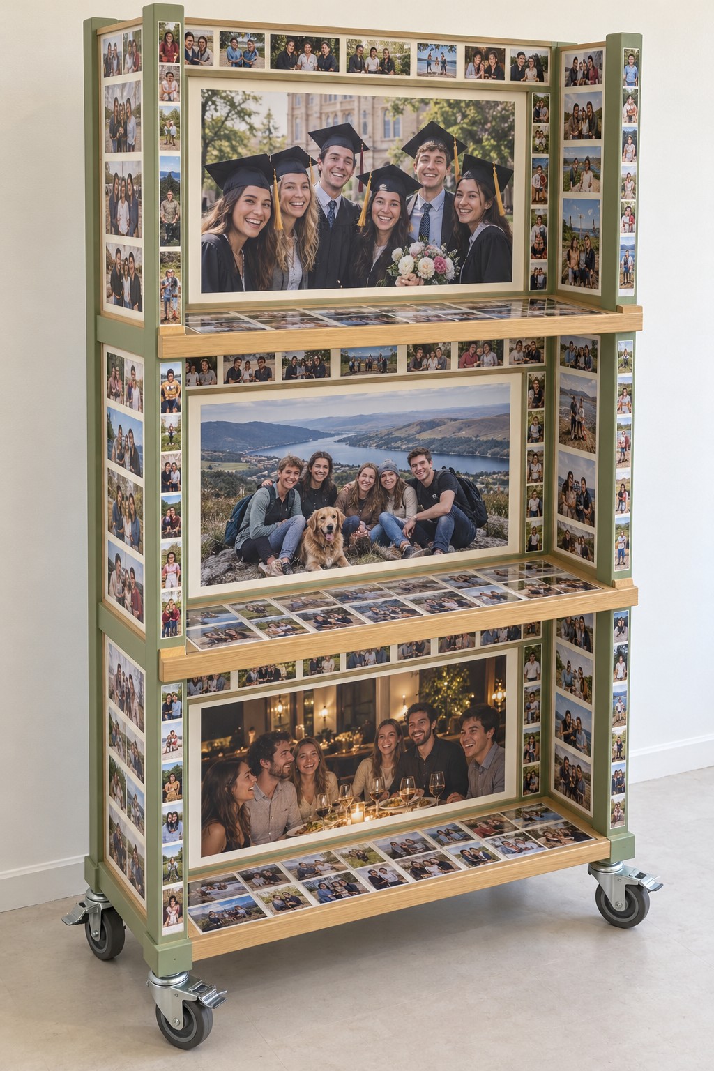 Green and wood rolling display cart with three large framed pictures and small photo border strips