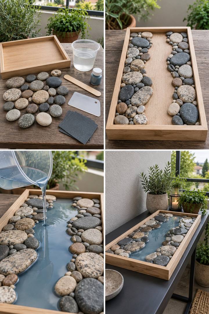 A wooden tray with pebble banks surrounding a winding blue resin channel