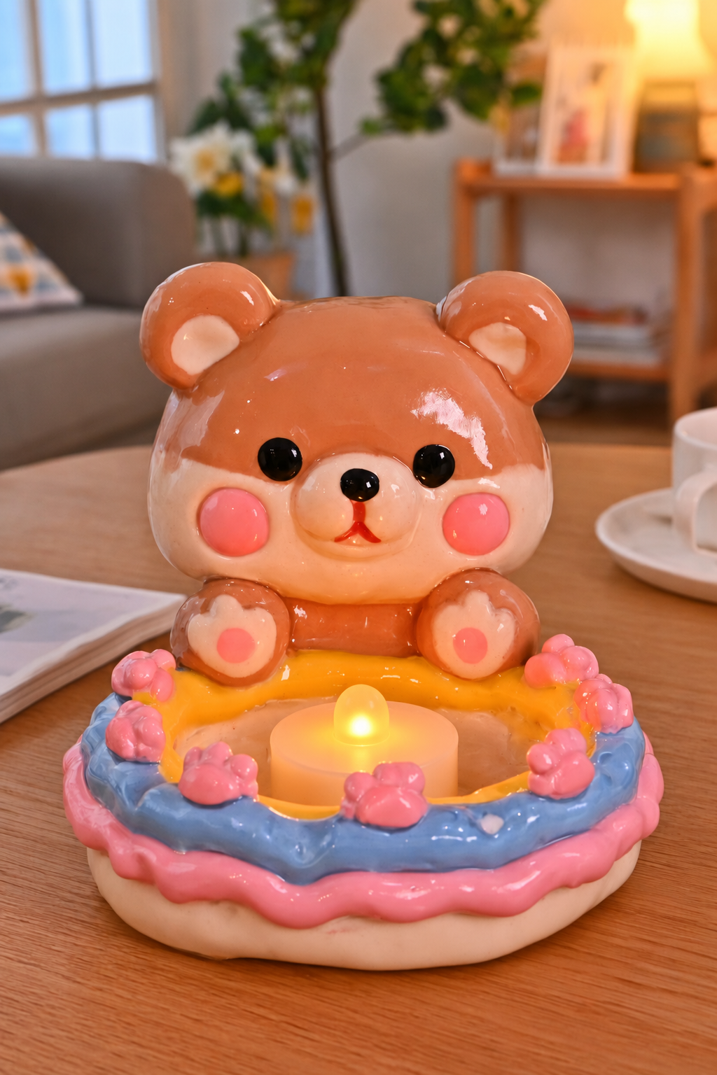 Brown teddy bear behind a floral tray containing a flameless electric tealight