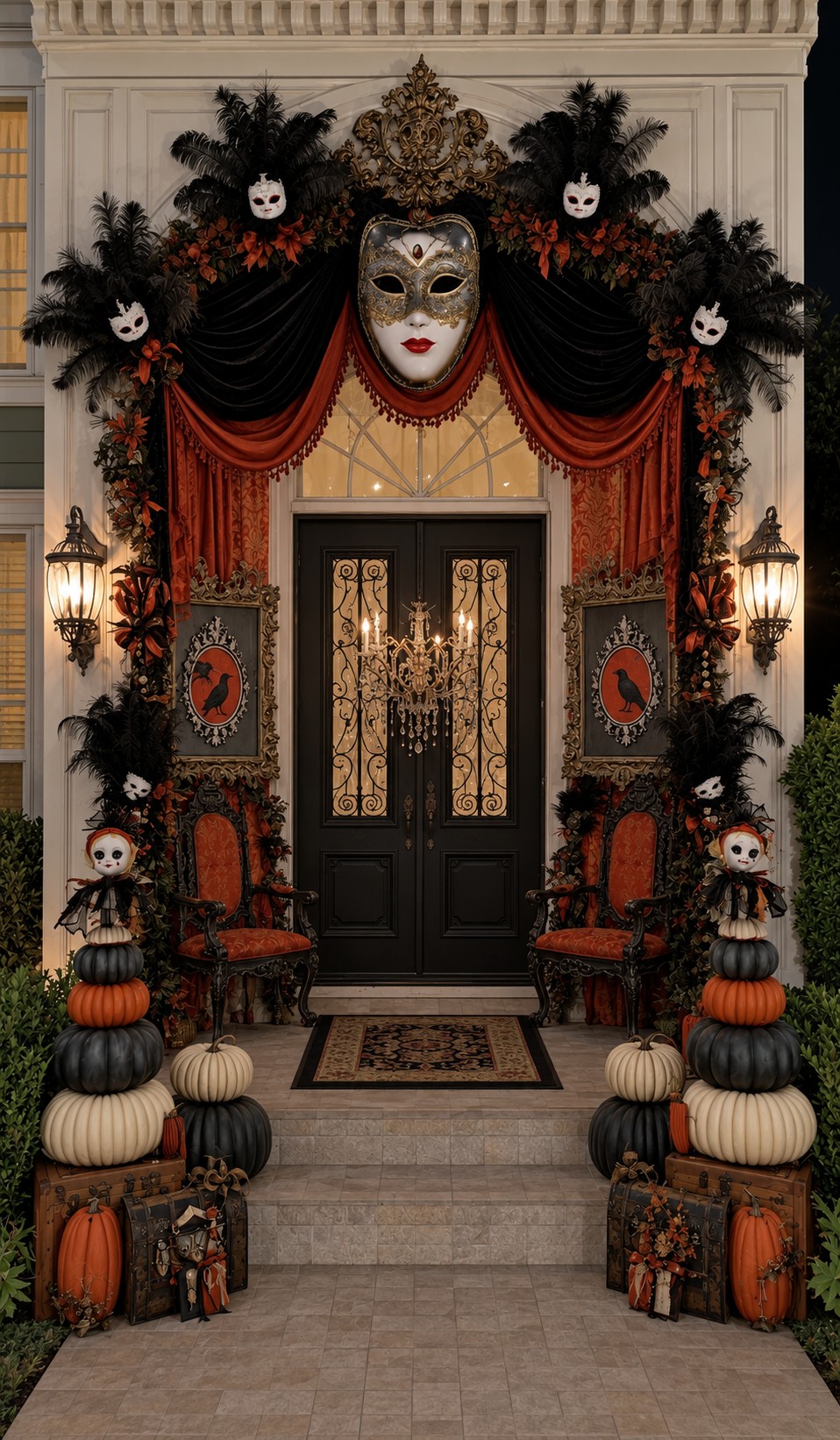 Large masquerade mask above black and rust drapery with pumpkin stacks and carved chairs