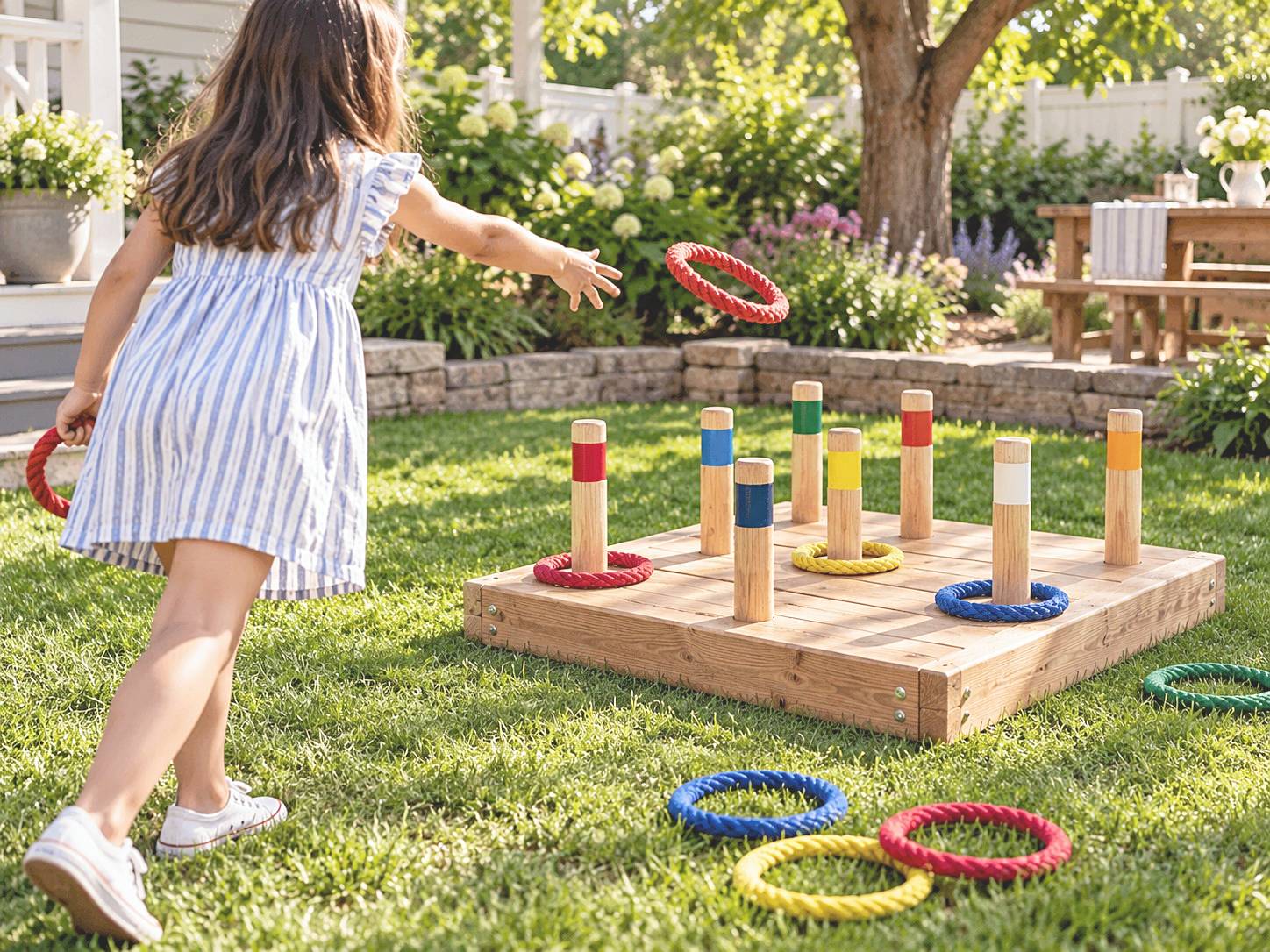 Child tossing a red ring toward a low wooden board with colored upright pegs